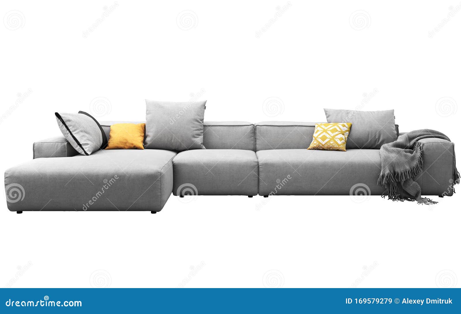 Modern Gray Fabric Sofa with Pillows and Plaid. 3d Render Stock