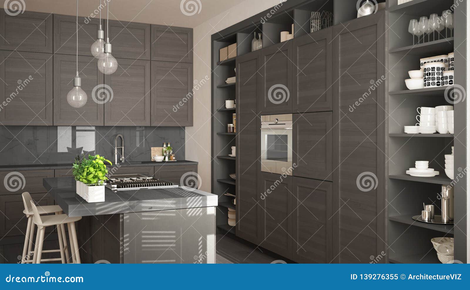 Modern Gray Kitchen With Dark Wooden Details In Contemporary