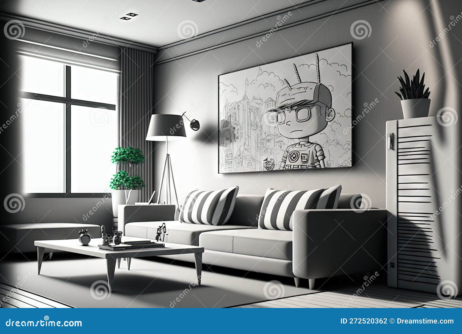 Modern Grayandwhite Living Room with Large Sofa and TV Stock