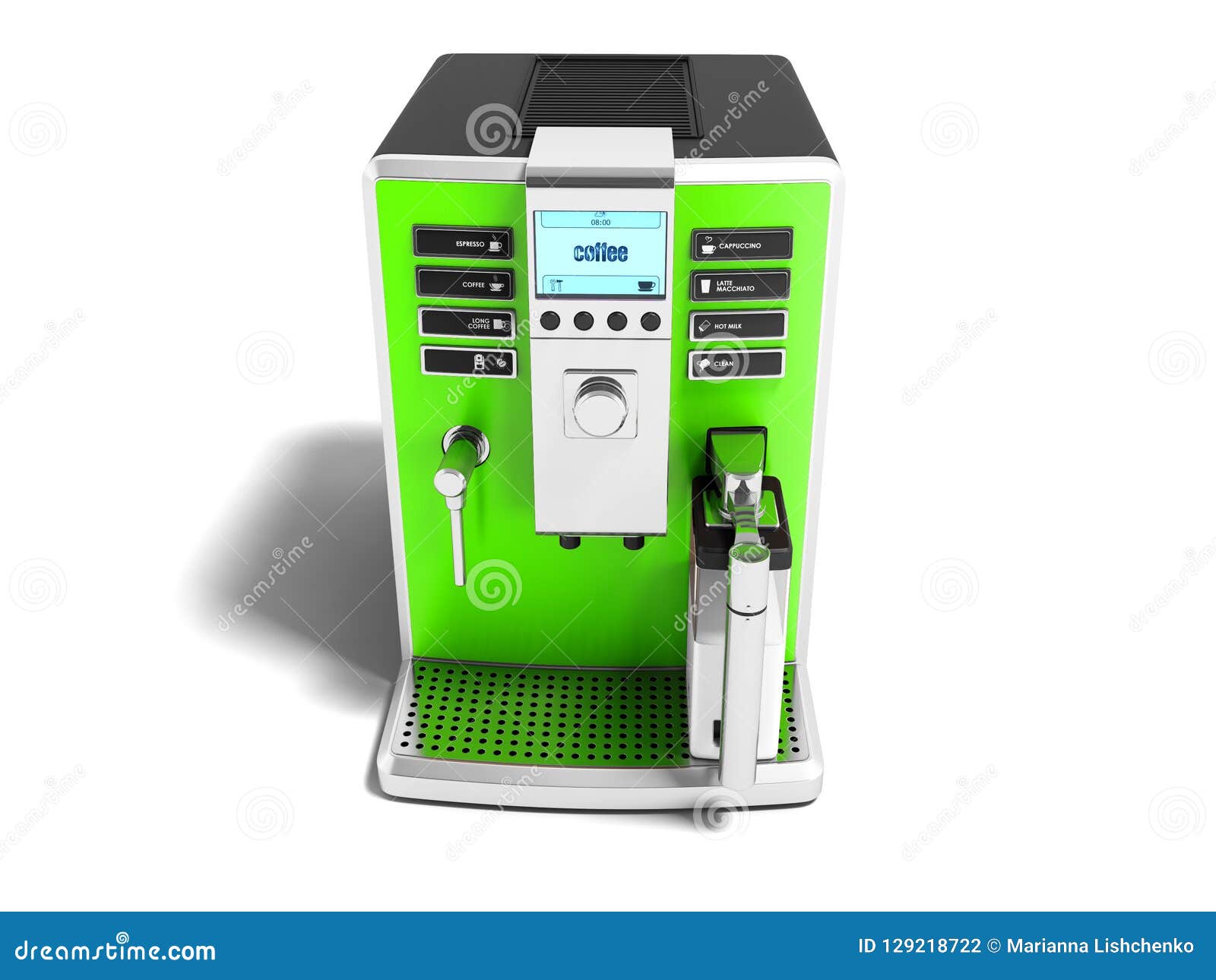 Modern Green Coffee Machine with Milk Dispenser on One Cup Front Stock