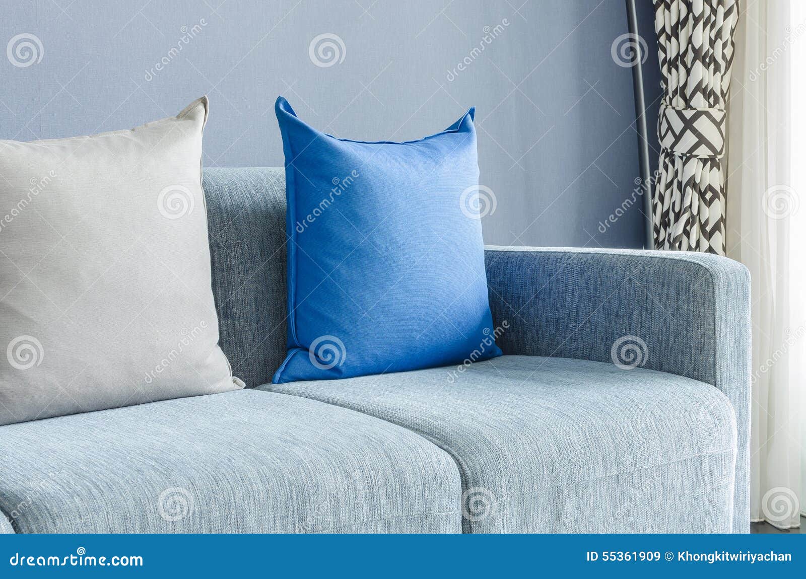Modern Green Sofa with Blue and Grey Pillows Stock Image Image of