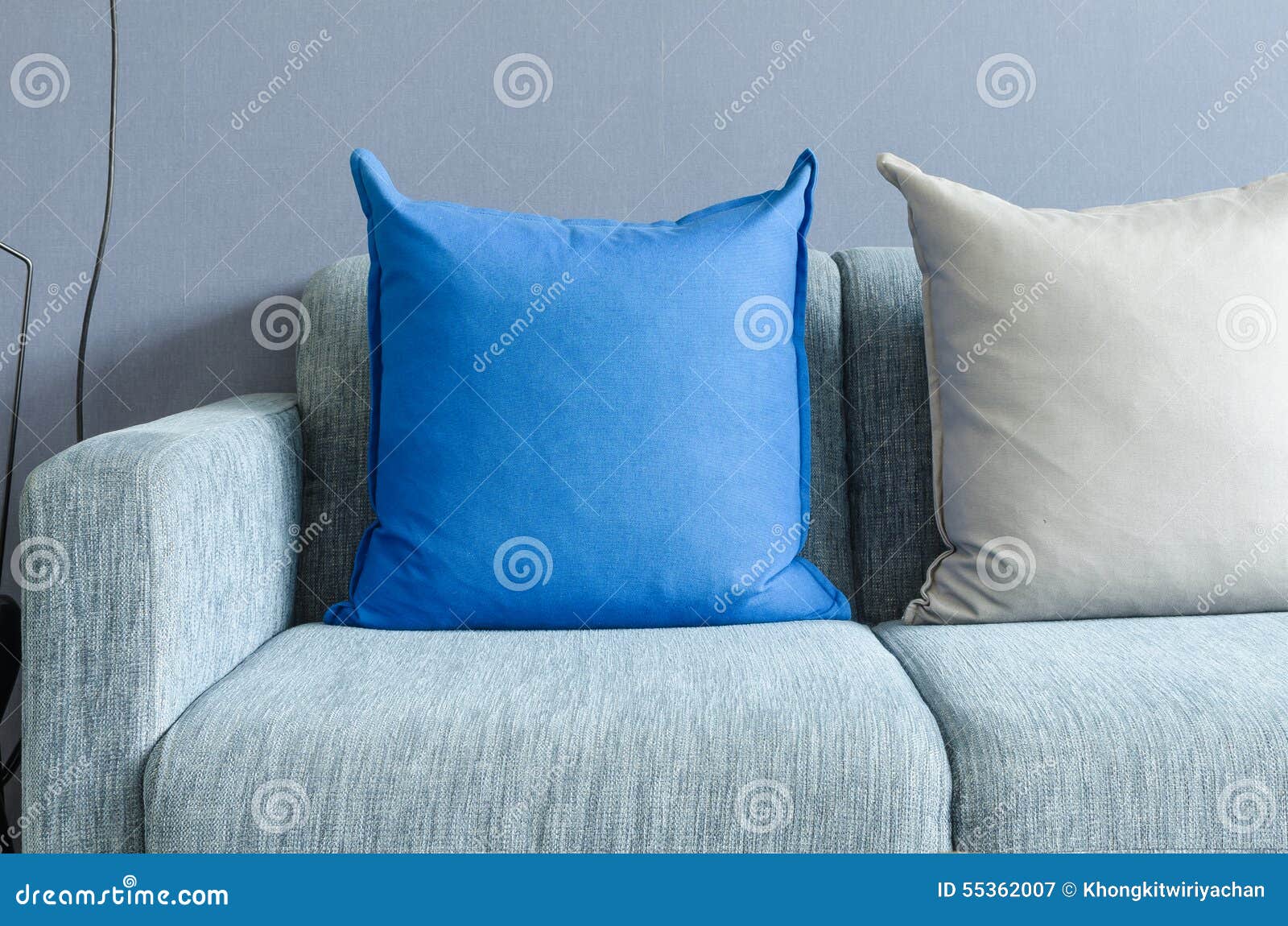 Modern Green Sofa with Blue and Grey Pillows Stock Image Image of