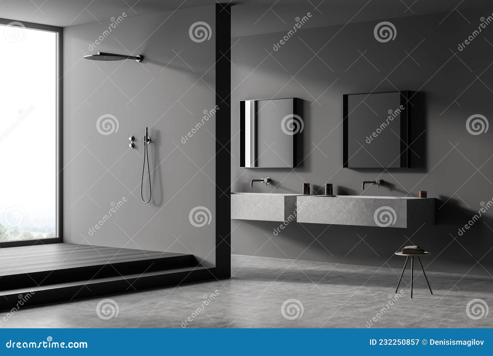 Modern Grey Shower Room with Square Mirrors Stock Illustration ...