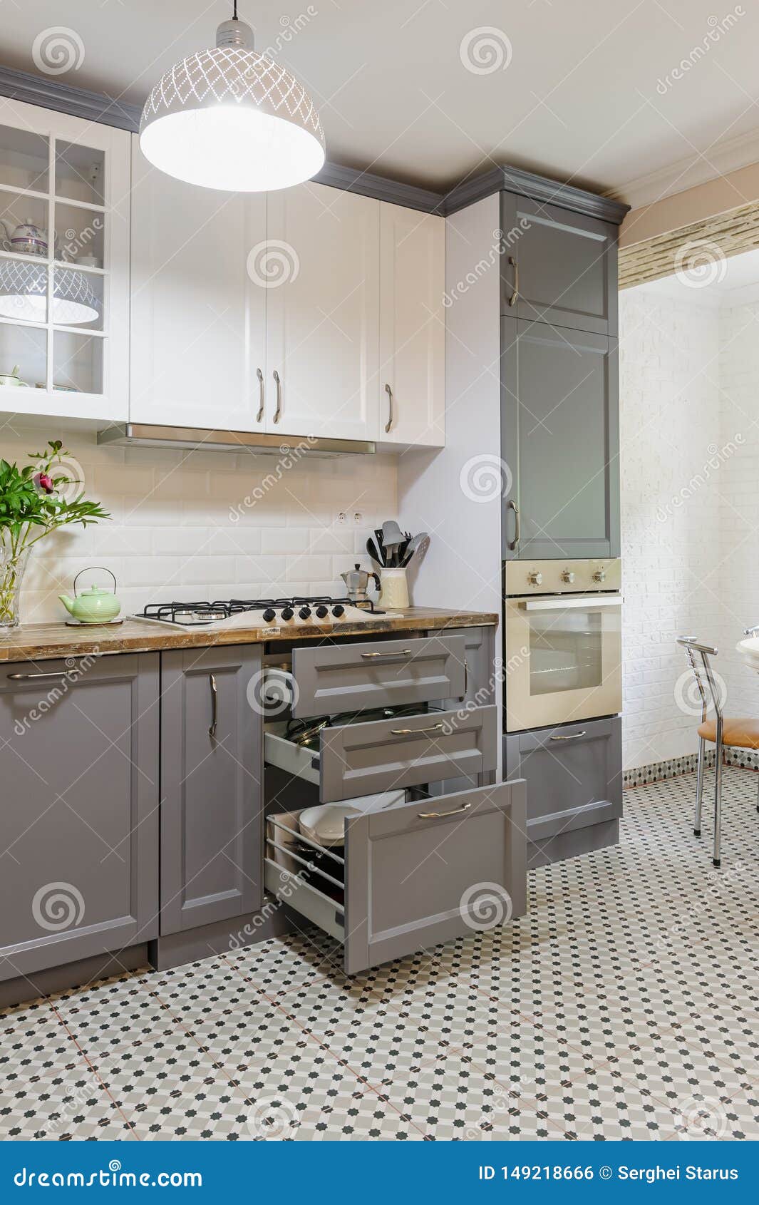 Modern Grey and White Wooden Kitchen Interior Stock Photo Image of closeup, floor 149218666
