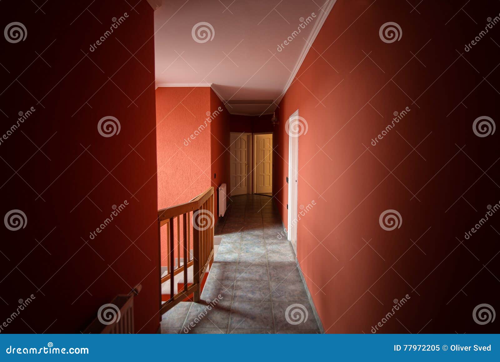 Modern hallway in red stock image. Image of storey, home 77972205