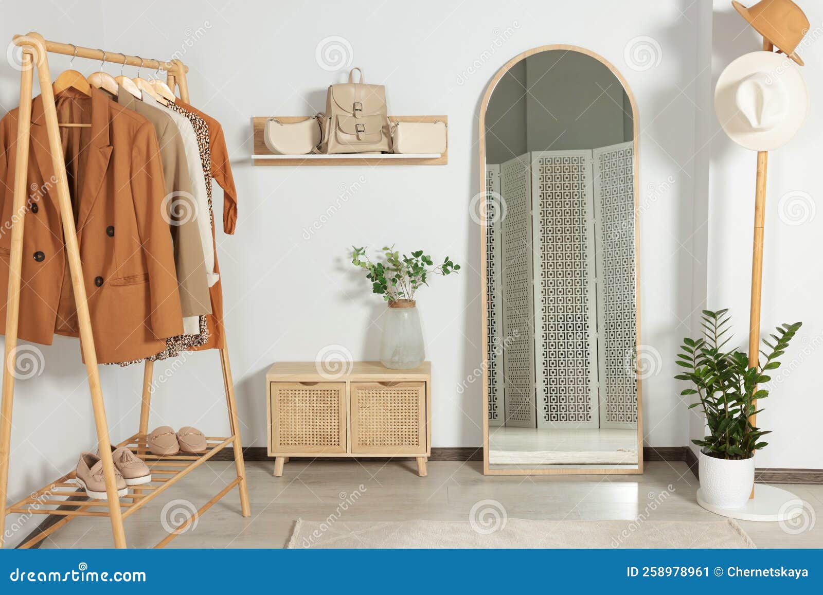 Modern Hallway Room Interior with Large Mirror and Clothing Rack Stock
