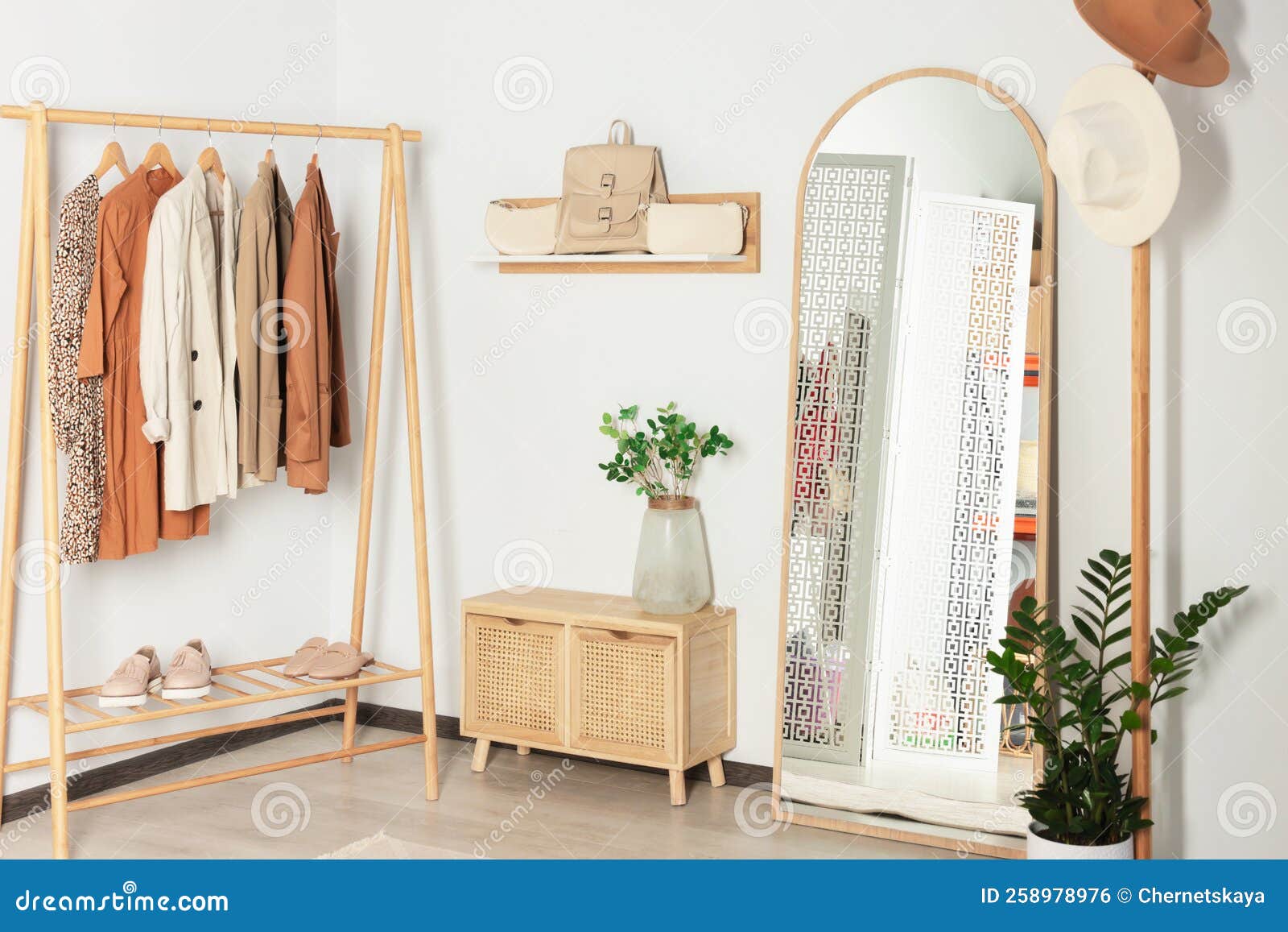 Modern Hallway Room Interior with Large Mirror and Clothing Rack Stock