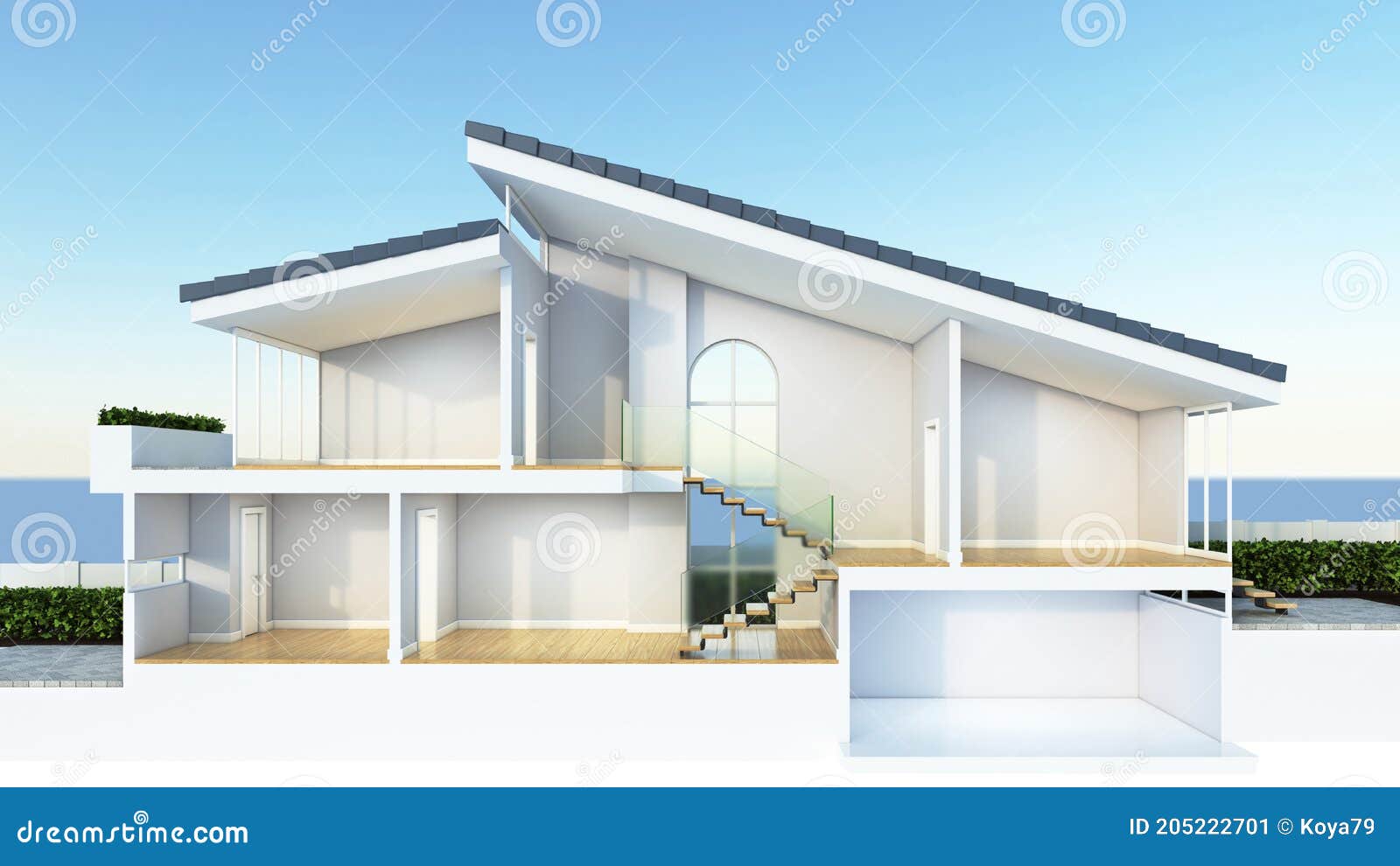 modern home cross section, suitable for smart home or sustainable housing infographic overlay, 3d rendering