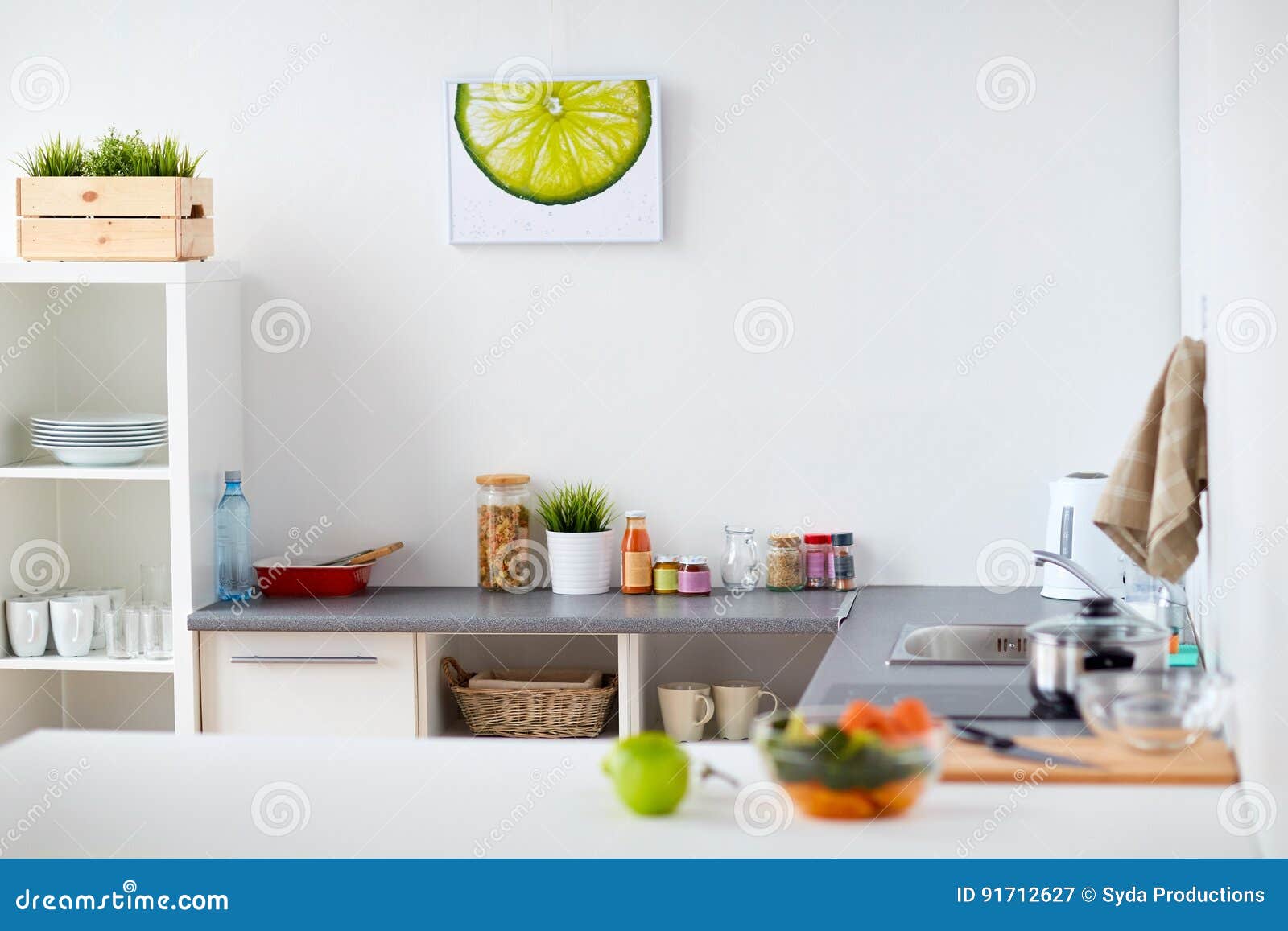 Modern Home Kitchen Interior with Food on Table Stock Image Image of