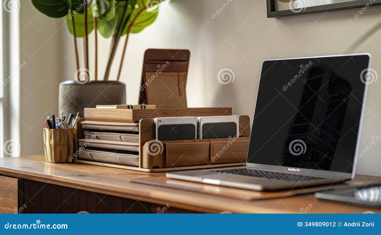 modern home office  with mocha mousse file organizers and laptop setup