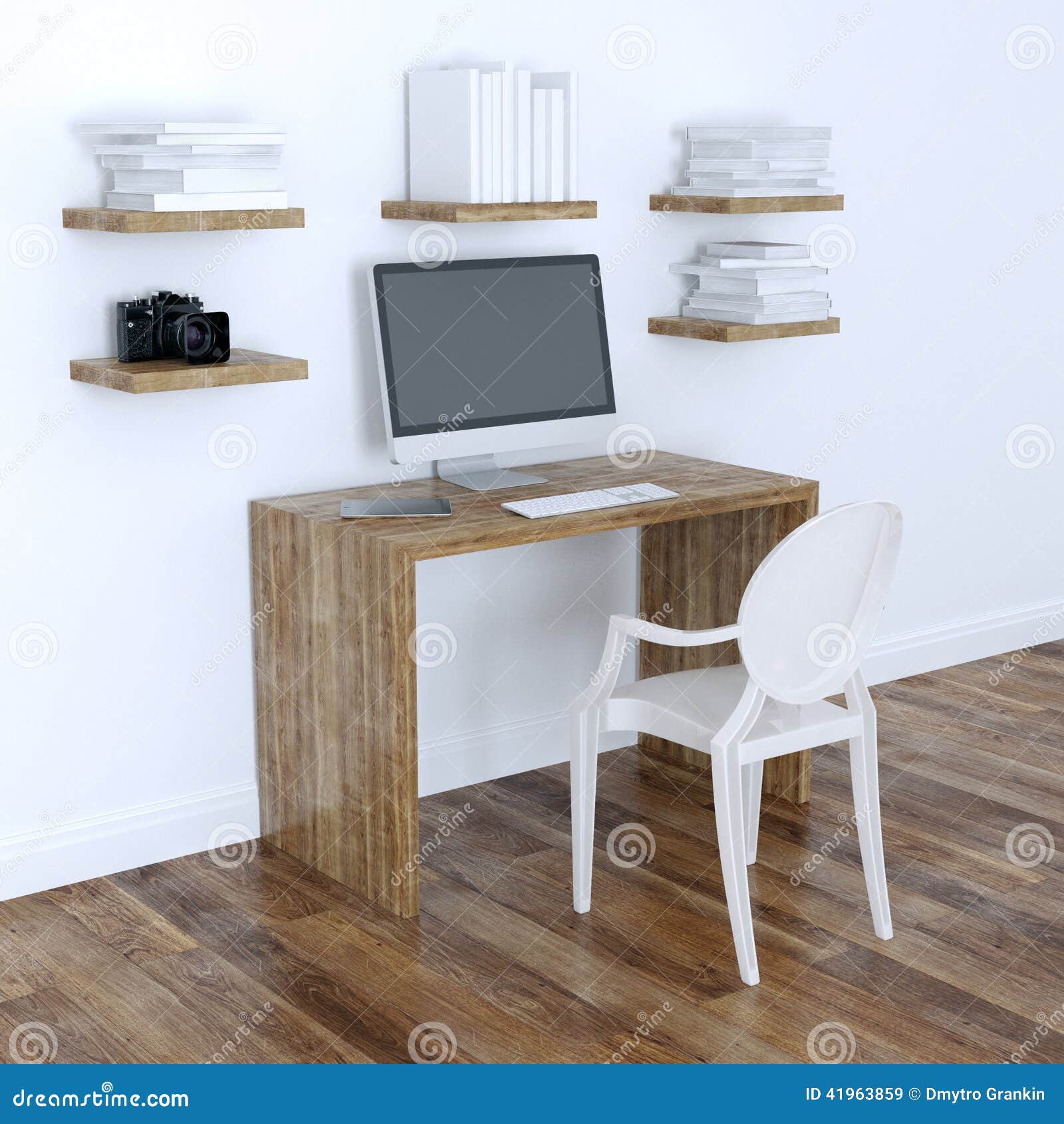 Modern Home Office Interior Design with Bookshelves 3d Version Stock