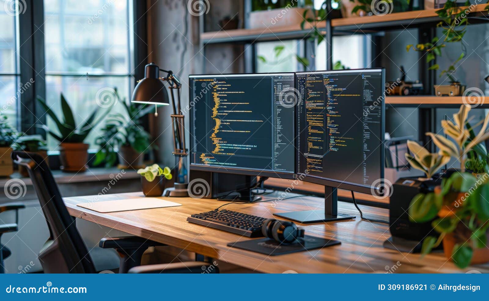 Modern Home Office Setup with Dual Monitors Stock Illustration