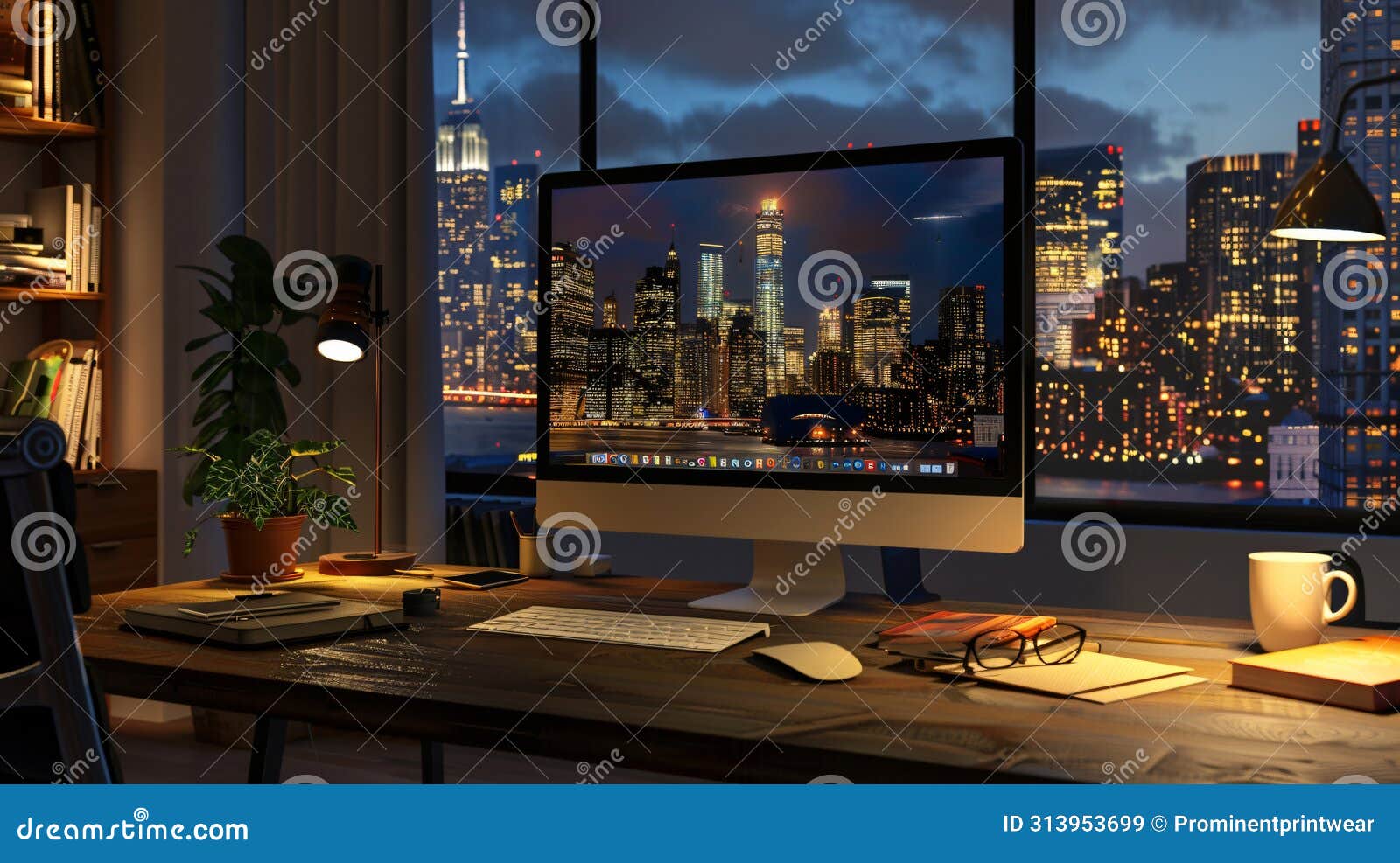 modern home office setup with imac, night time, city skyline on the screen