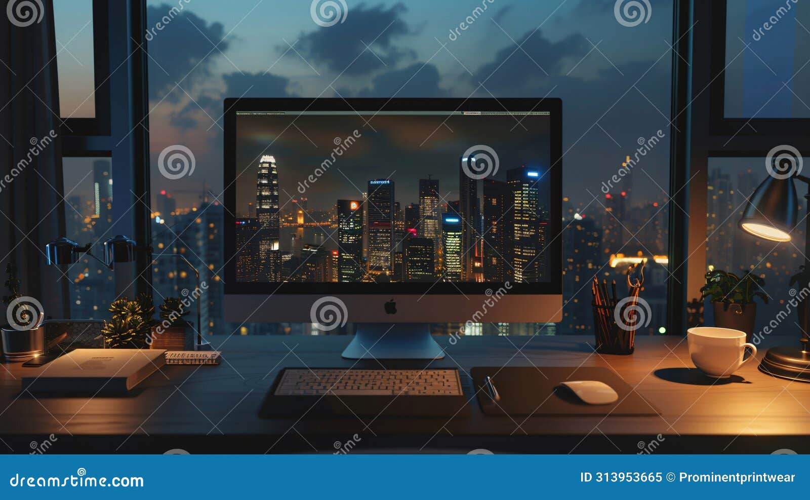 modern home office setup with imac, night time, city skyline on the screen