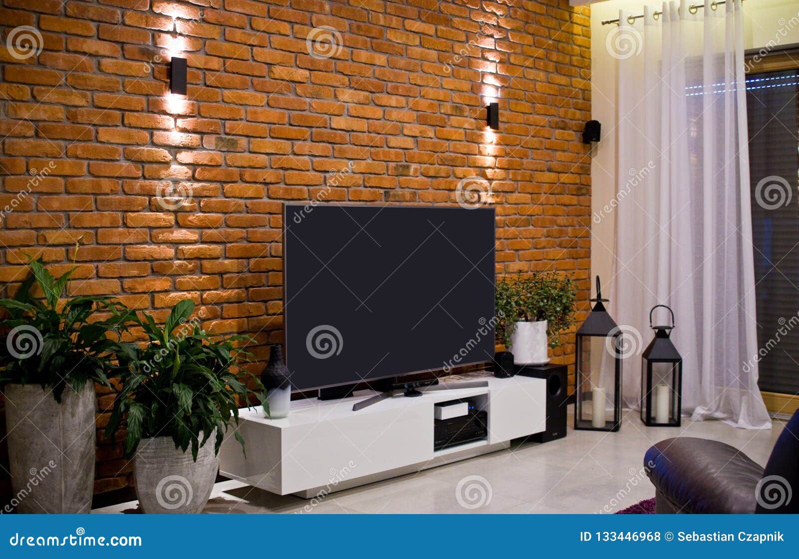 Modern Home Room Design with Red Brick Wall and Flat Led ...