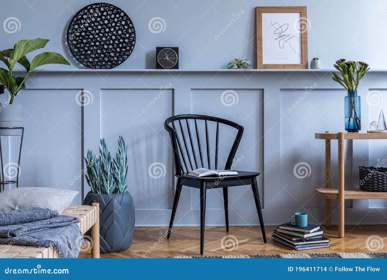 modern home staging of living room with  chair, wooden console, mock up poster map.