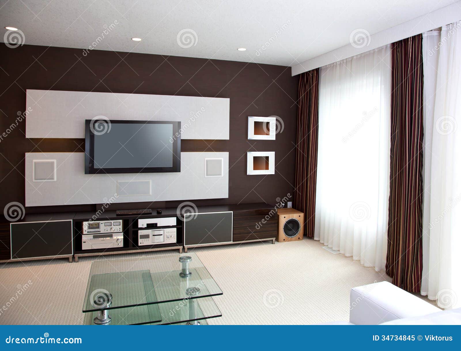 Modern Home Theater Room Interior With Flat Screen TV 