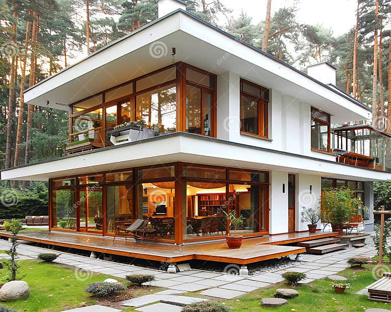 Modern Home with White Walls, Timber Cladding, and Panoramic Windows