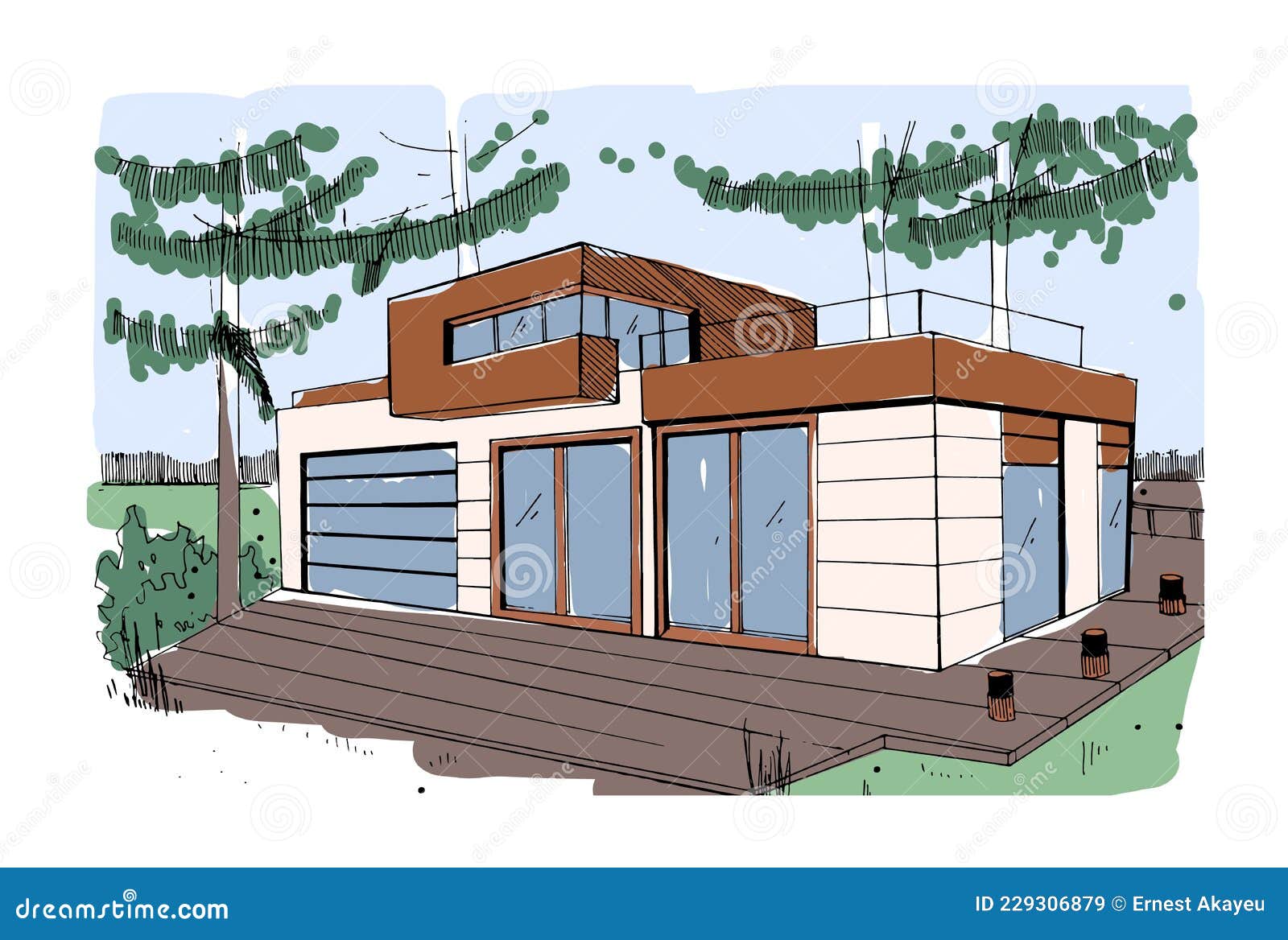 Drawing of a modern house Royalty Free Vector Image