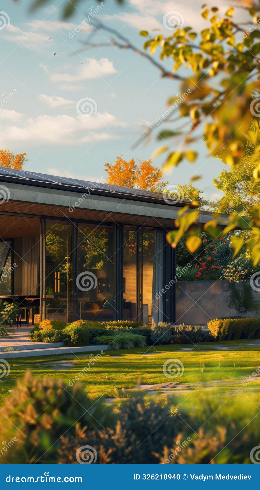 modern house with flat roof, large windows in serene garden. solitary tree stands tall on left side with rustling leaves
