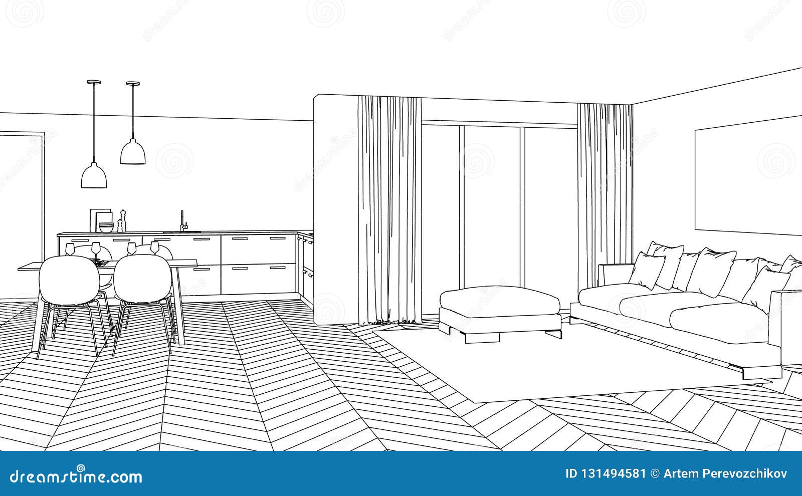Modern House Interior Design Project Sketch Stock