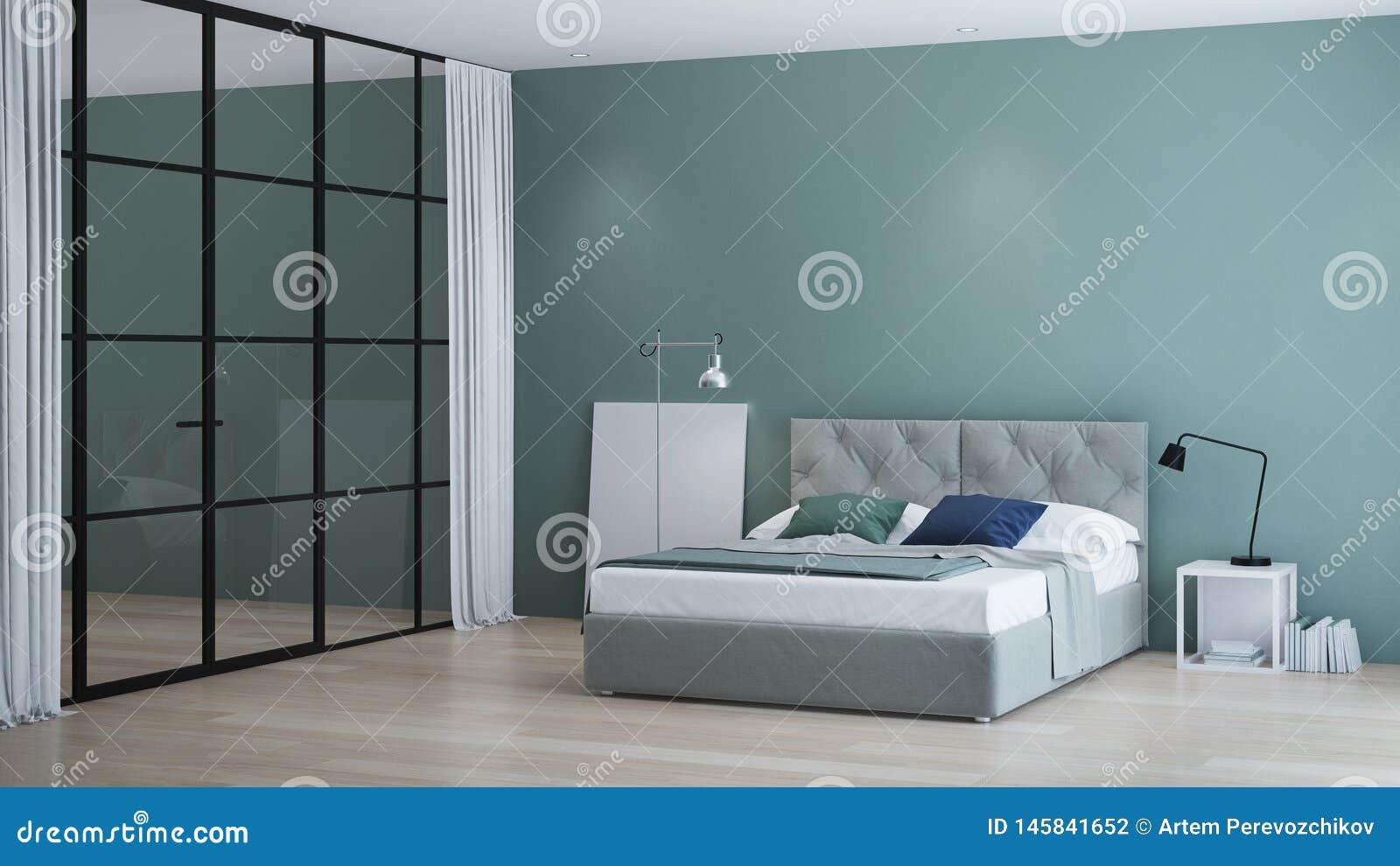 modern house interior. interior bedroom with glass partitions.