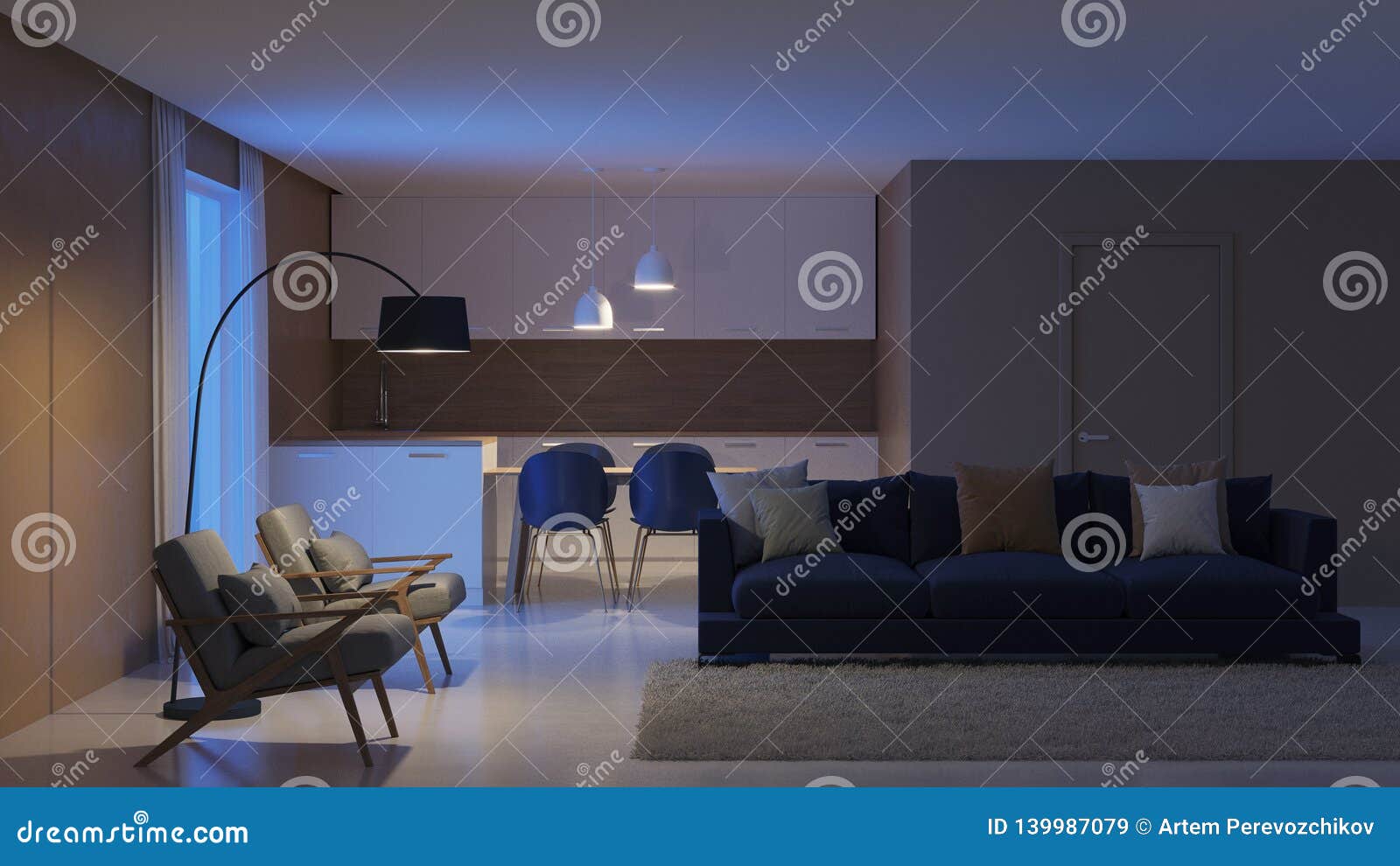 Modern House Interior. Night. Evening Lighting Stock Image Image of