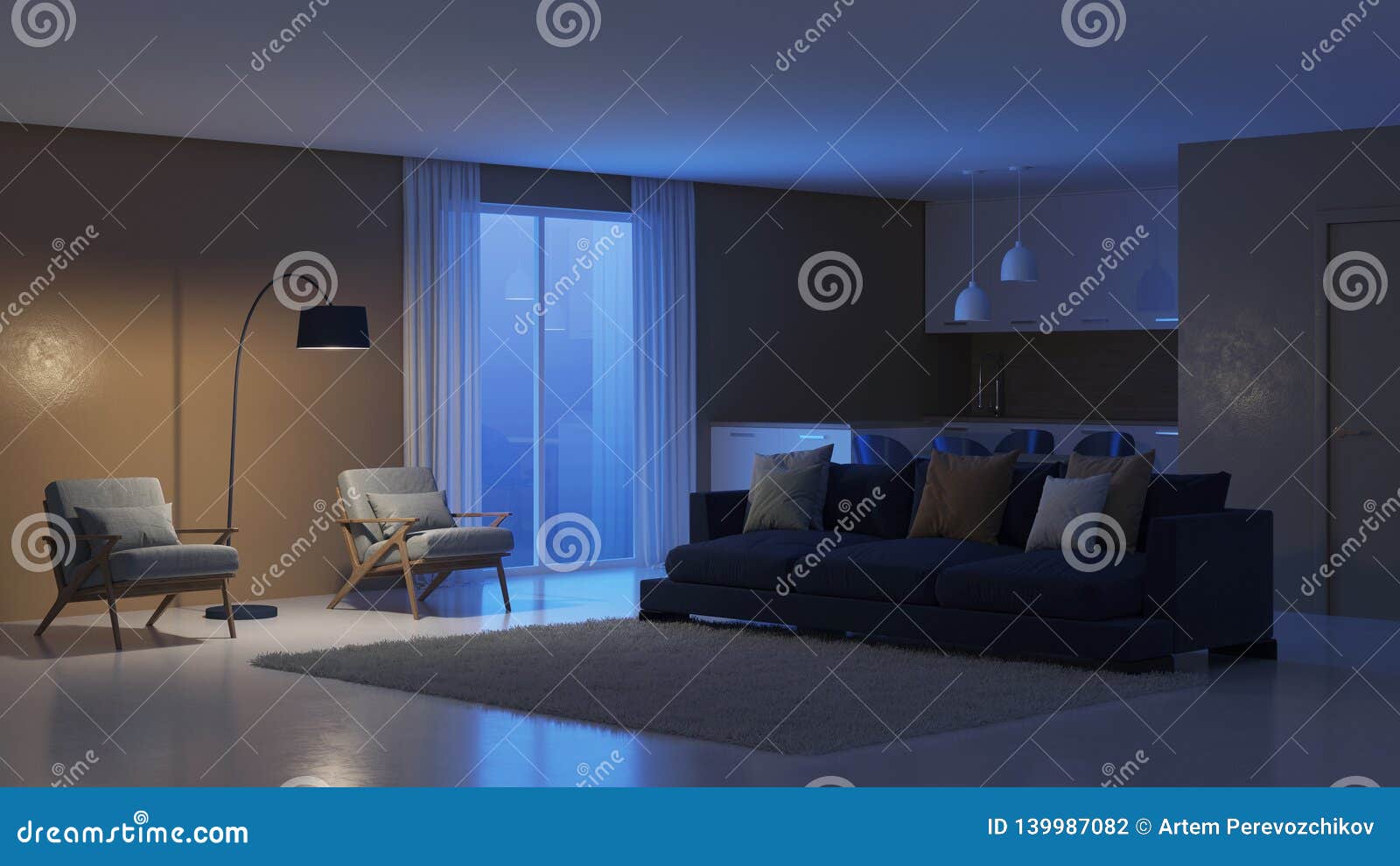 Modern House Interior. Night. Evening Lighting Stock Photo Image of