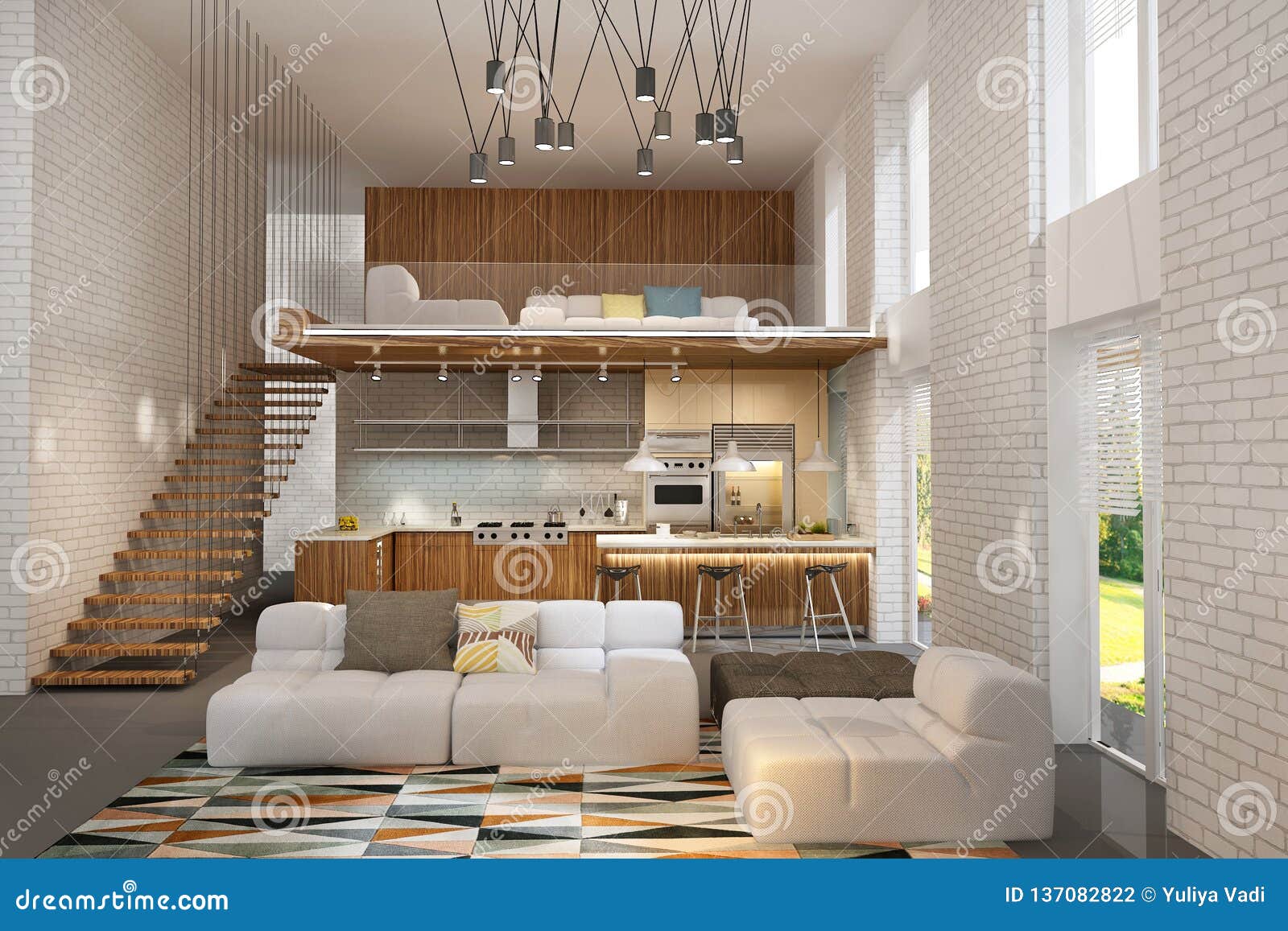 Modern House Interior With White Brick Walls Stock