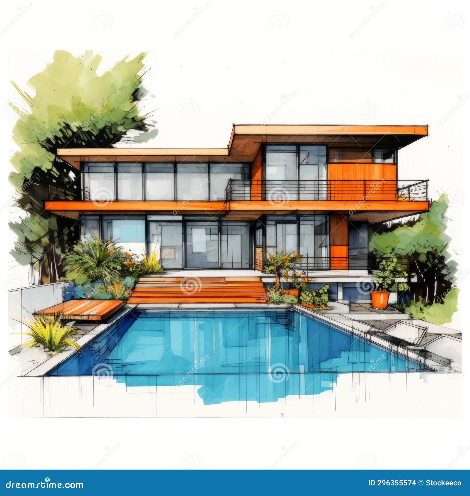 modern house with pool: artistic drawing in orange and indigo