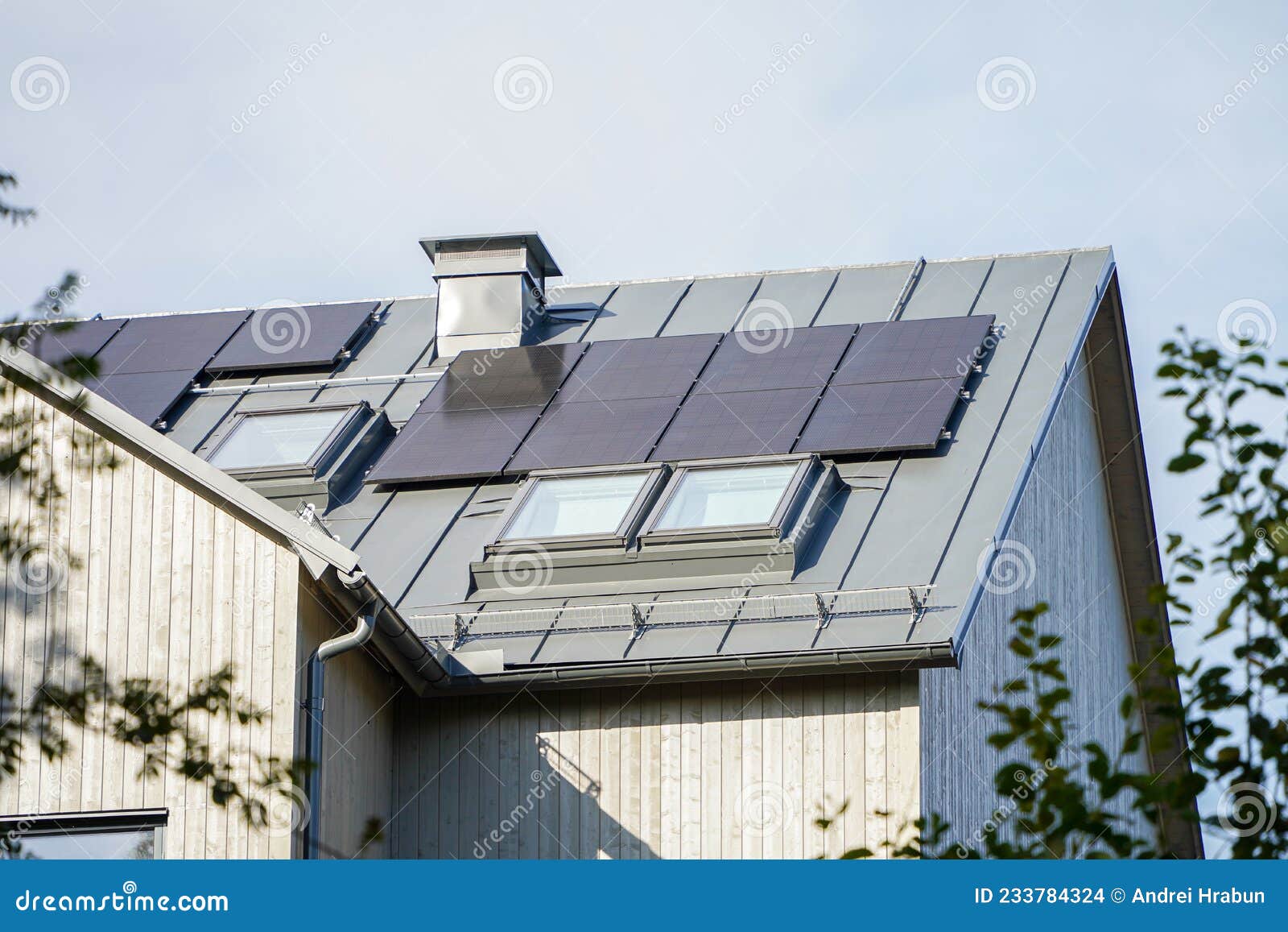 Modern House with Solar Panels on the Gable Roof Stock Photo Image of