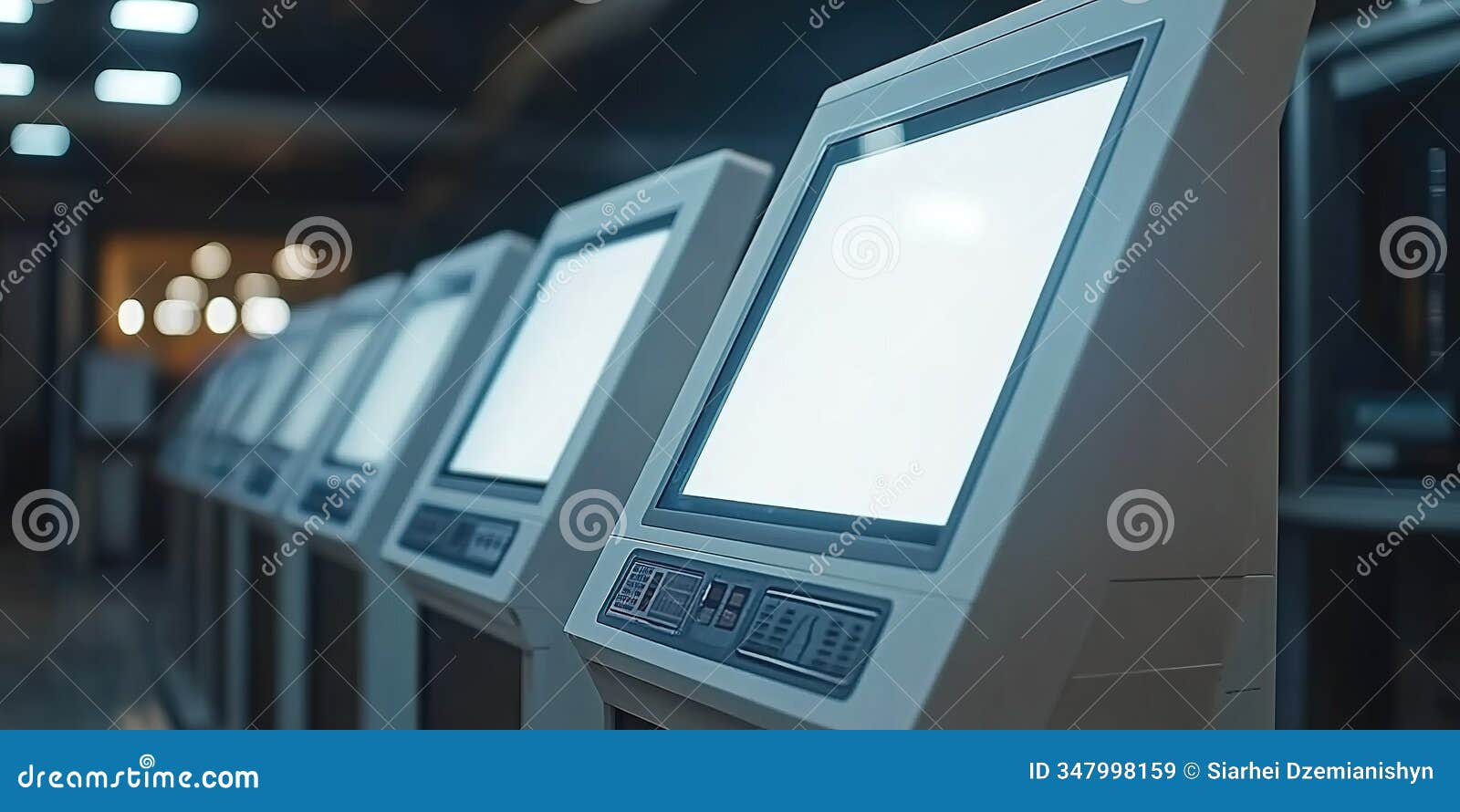 modern interactive kiosks line an indoor space waiting for use during a bustling event