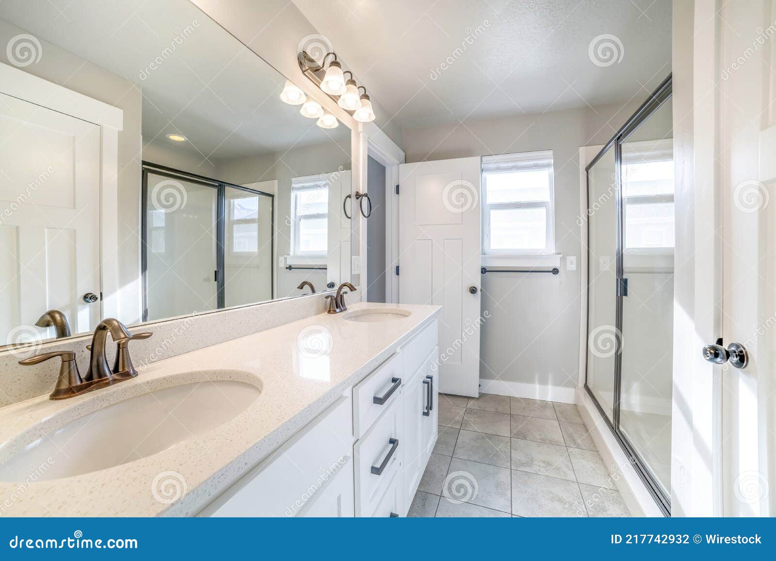 Modern Interior of a Bathroom with a Big Mirror Stock Photo - Image of ...