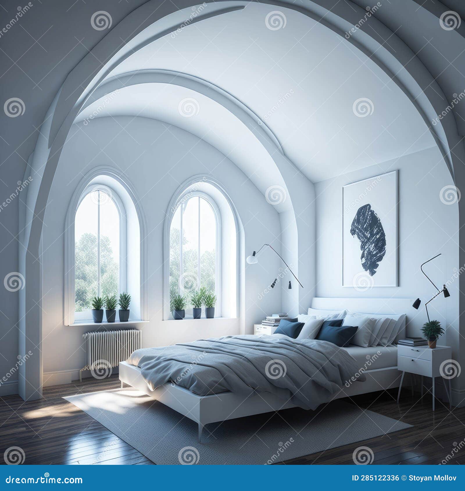 Modern Interior of Bedroom Design with High Arched Ceiling and Large ...