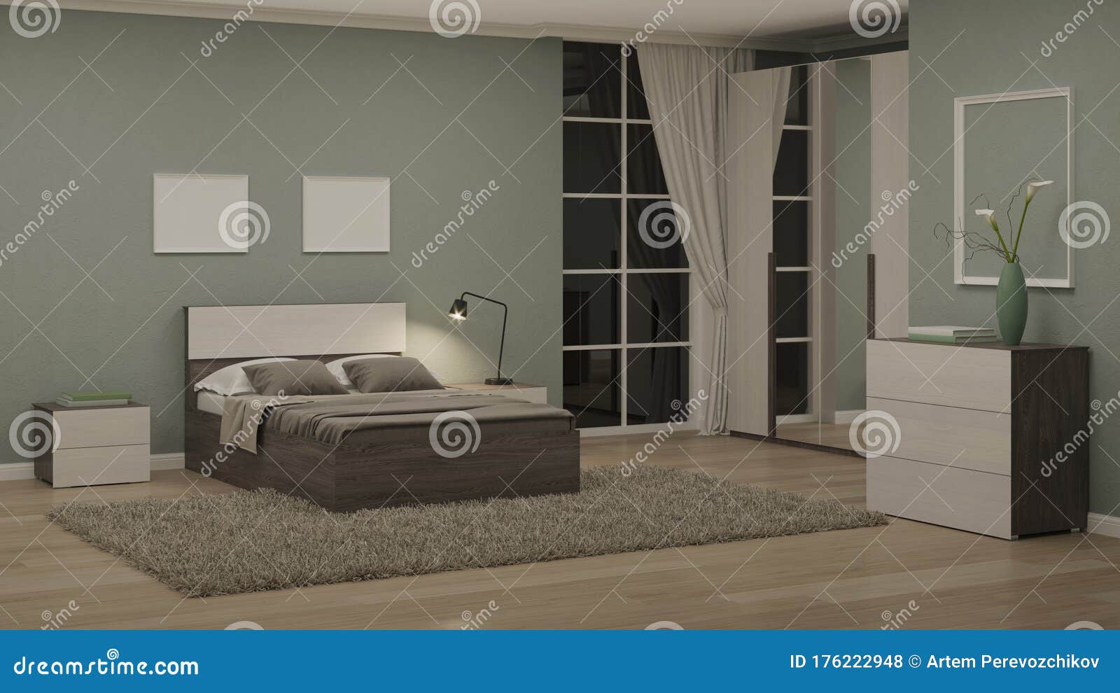 Modern Interior Of A Bedroom With Light Green Walls Night