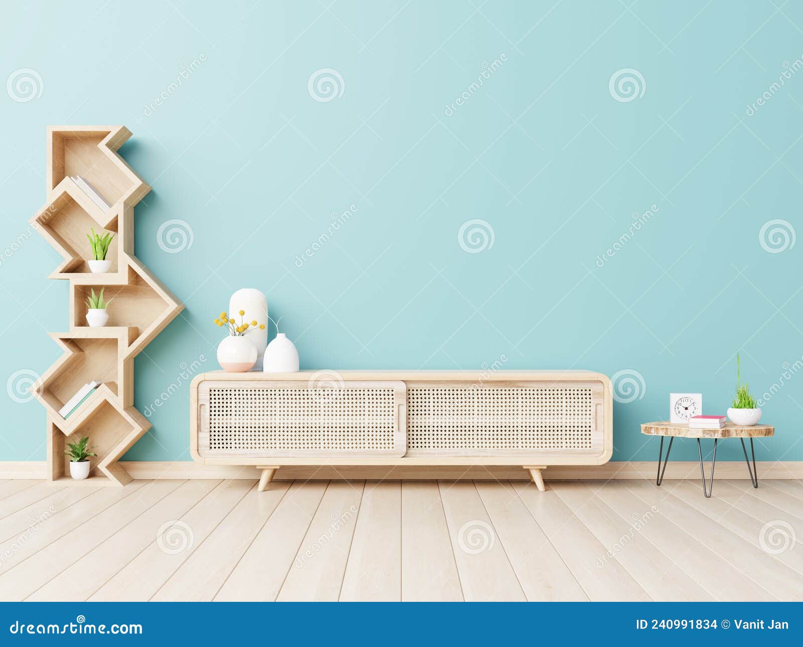 Modern Interior Blue Wall Mockup with for Smart Tv Stock Photo