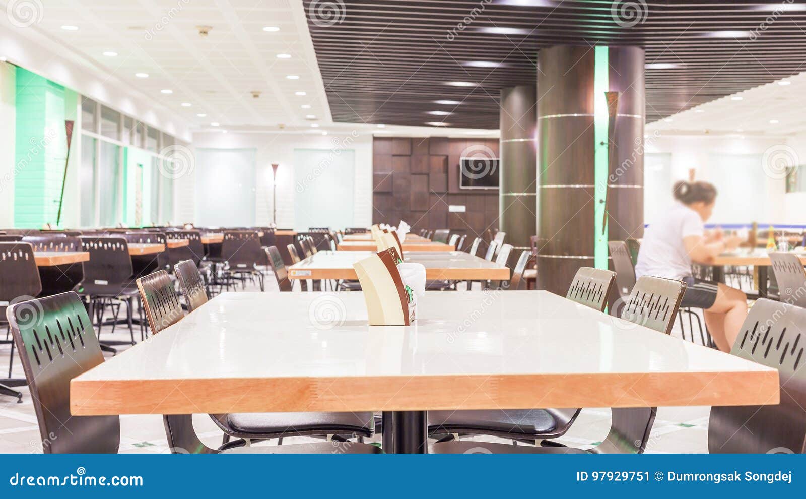 Modern Interior of Cafeteria or Canteen with Chairs and Tables Stock