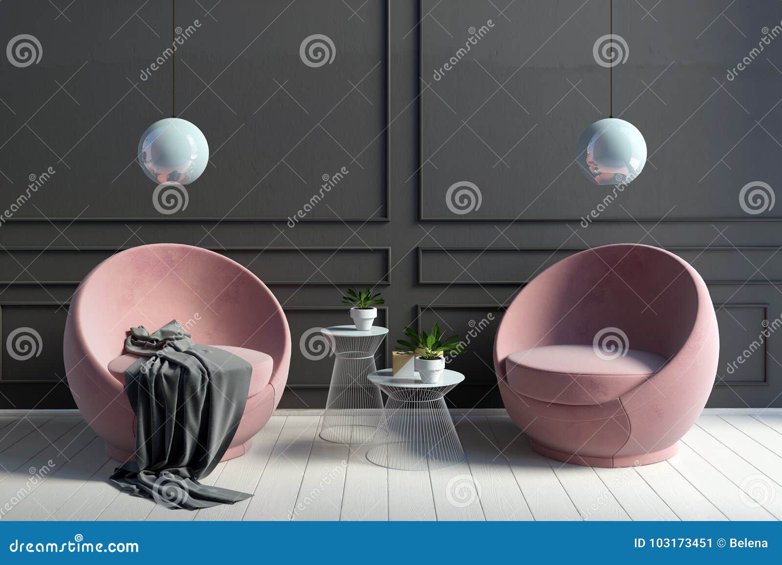 Modern Interior with Coffee Table and Pair of Chairs. Stock