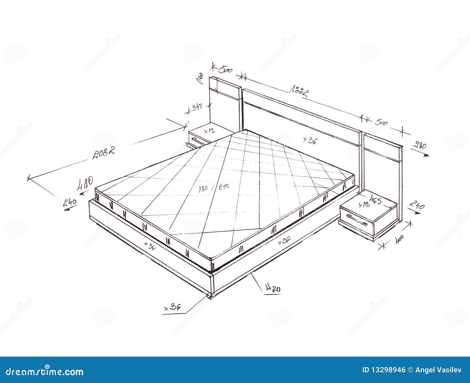 Modern Interior Design Bed Freehand Drawing Stock