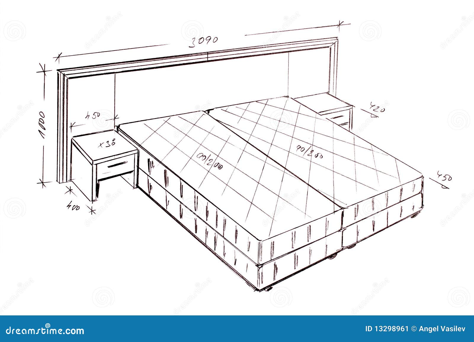 Modern Interior Design Bed Freehand Drawing Stock