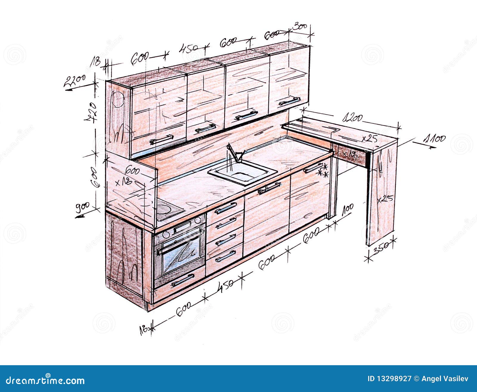 Modern Interior Design Kitchen Freehand Drawing Stock