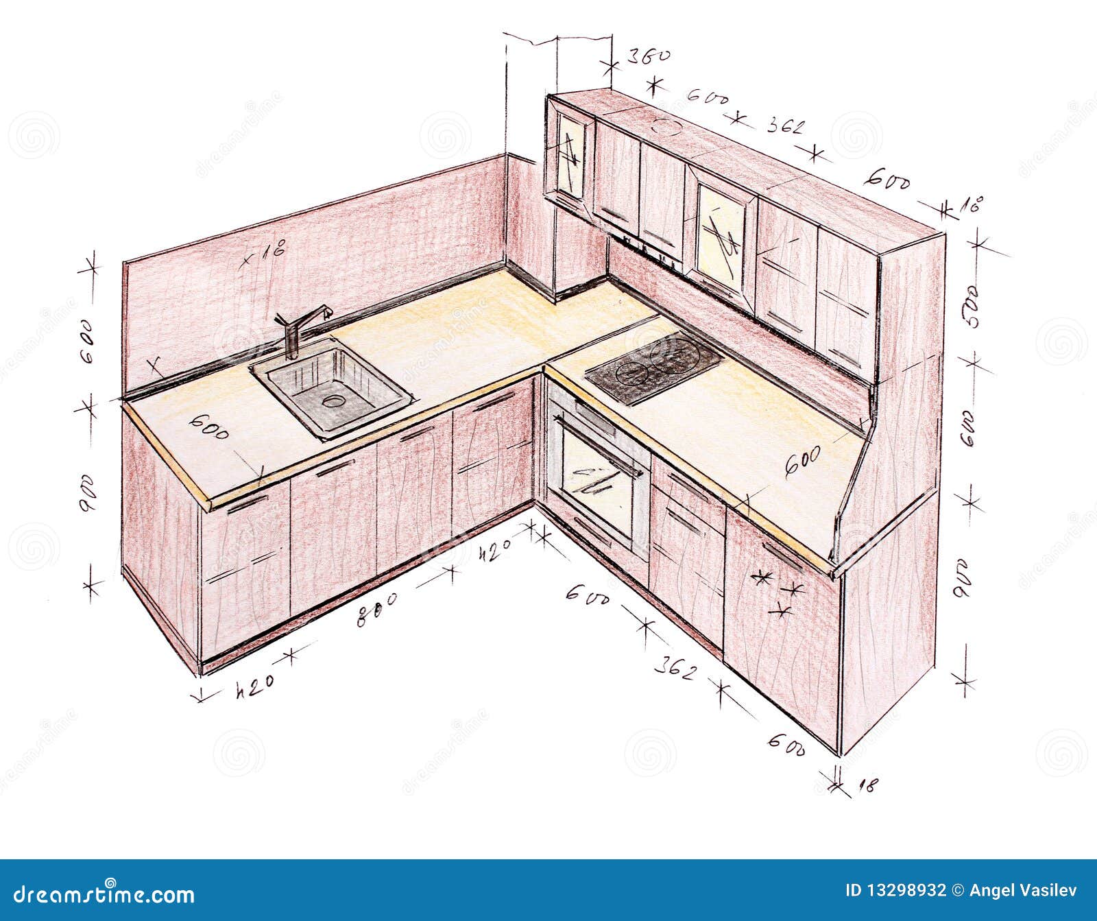 Modern Interior Design Kitchen Freehand Drawing Stock