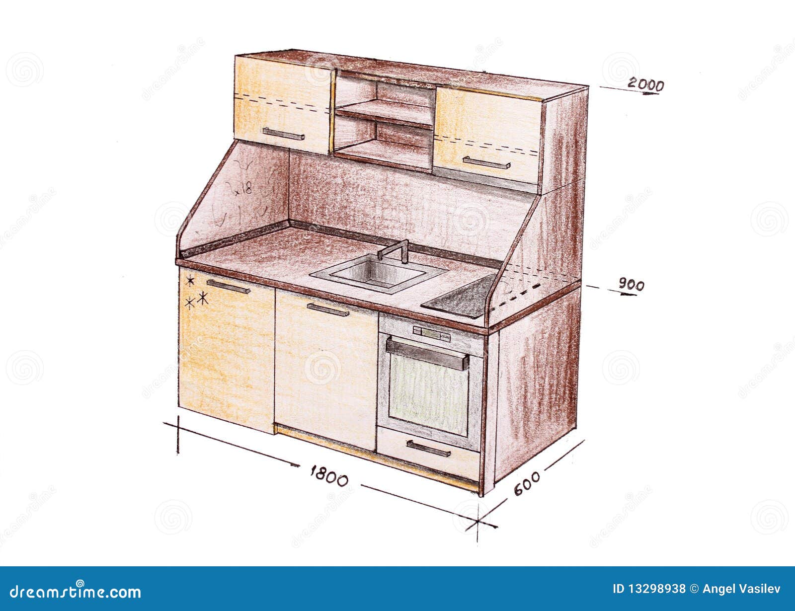 Modern Interior Design Kitchen Freehand Drawing Stock