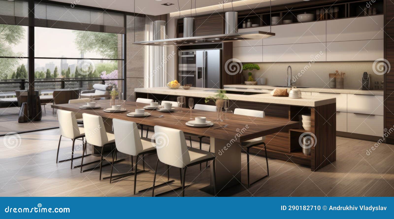 Modern Interior Design of Kitchen with Island, Dining Table and Chairs