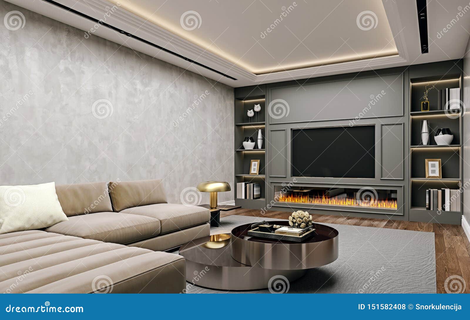 modern interior  of living room in basement, angled close up view of tv wall with book shelves, stucco plaster