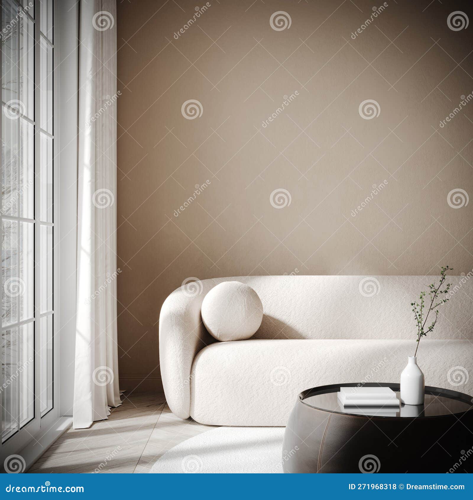 Modern Interior Design of Living Room with White Sofa and Empty Wall