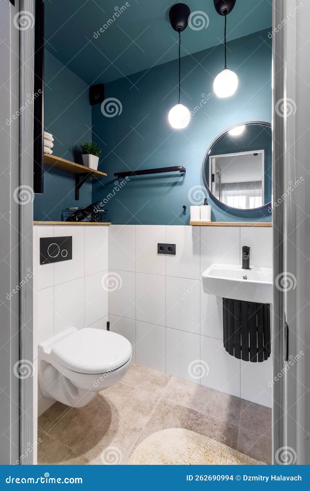 Modern Interior Design of a Small Bathroom. Blue Style Stock Photo ...