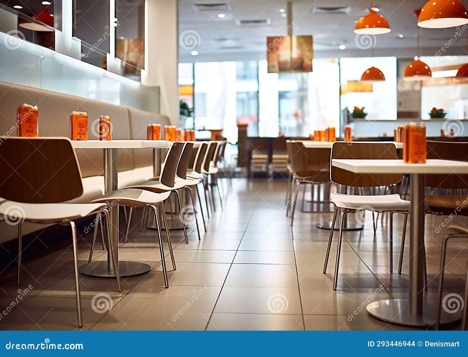 Modern Interior Food and Snack Cafeteria with Chairs and Tables.Empty