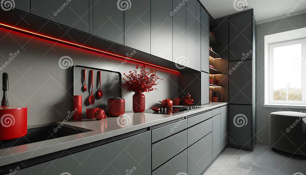 Modern Interior of a Glossy Gray Kitchen with Red Decorative Elements
