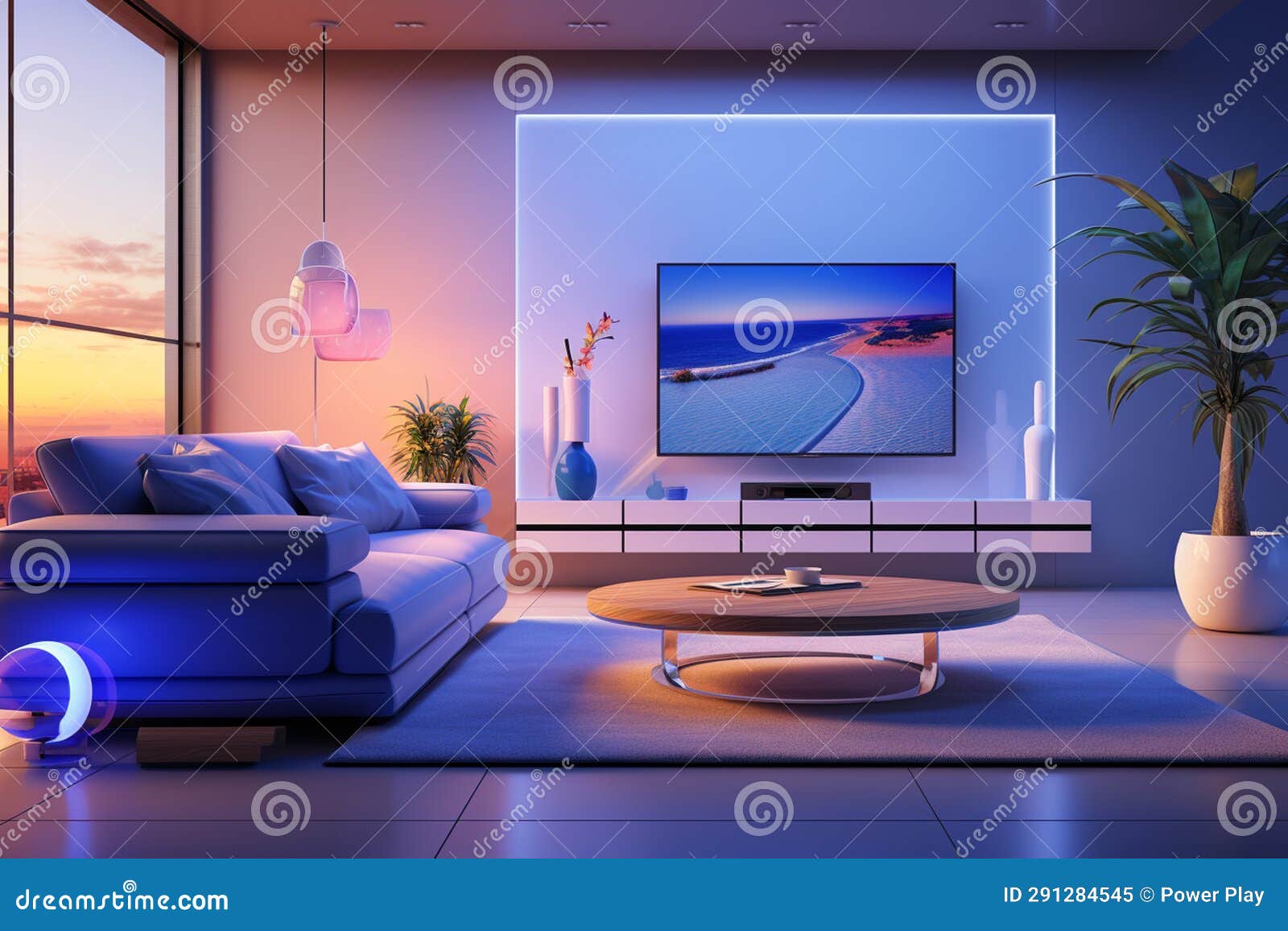 Modern Interior of Living Room. with Neon Light. 3D Rendering Stock